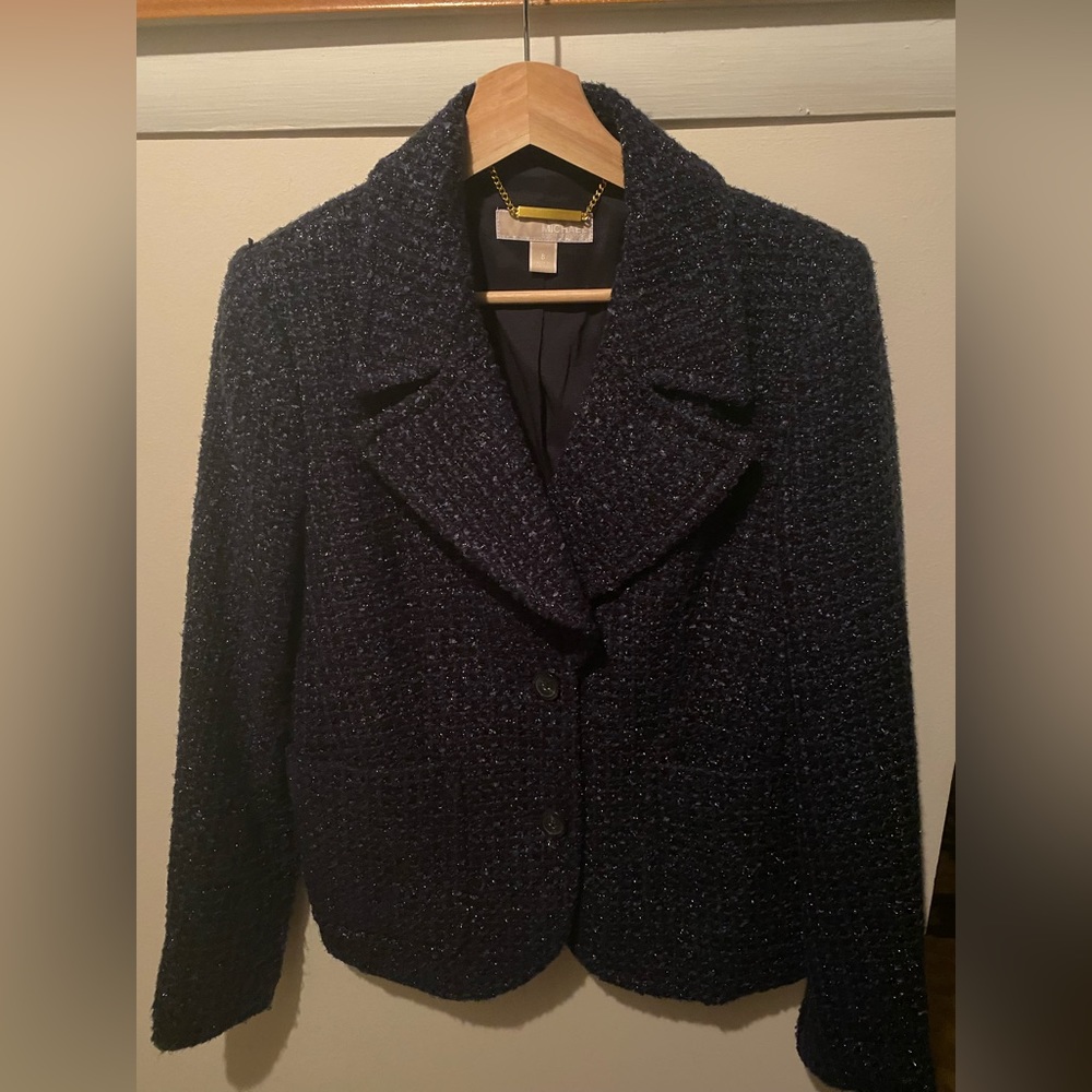 MICHAEL Michael Kors Metallic Blue Tweed Jacket, Two Button Notch Collar Size 8